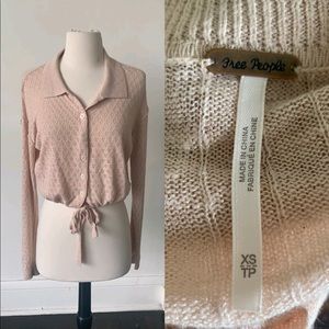 Free People Pink Collared Pointelle Cropped Sweater